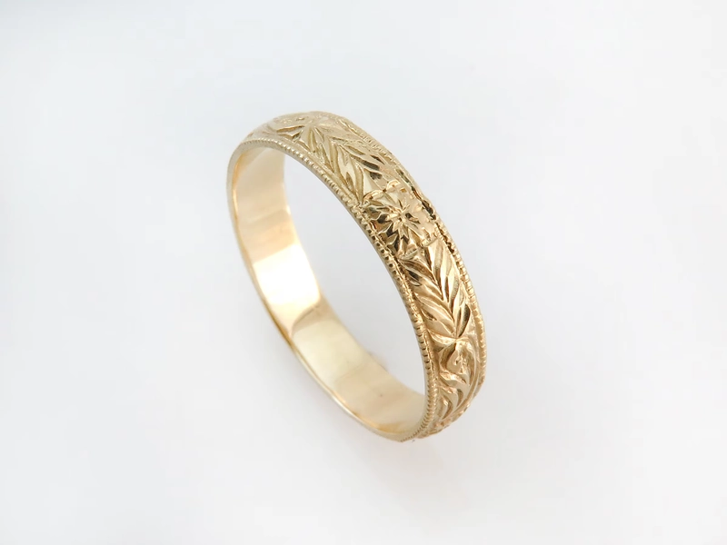 Antique Wedding Ring, Unisex 14K Gold Band, Vintage Wedding Ring, Pattern Band, Engraved Ring, Floral Band, Victorian 18K Rose Gold Ring
