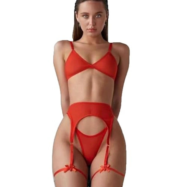 HSAJS Conjunto de Lencería Sexy para Mujer Ropa Interior Mujer Coqueta Lencería Sexy Babydoll TransparenteSujetadores Tanga y Liguero Body Ropa de Dormir 3 Piezas - S - Rojo