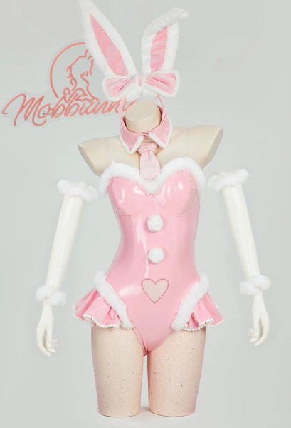 Vocal Derivative Lingerie Pink Bunny Girl Set Christmas Furry Heart Cutout Bodysuit with Bunny Ears Headaband and Tail