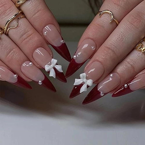 MERVF Long Press on Nails Almond Fake Nails Press ons Red French Tip Glue on Nails Stiletto Acrylic False Nails with Bow Design 24pcs Glossy