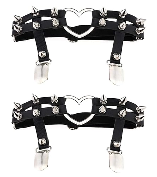 Women Sexy Leather Heart Garters Punk Rock Rivet Stud Leg Ring 2pcs