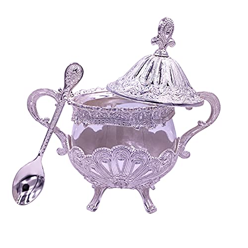 Hourwof Sugar Bowl with Lid and Spoon for Kitchen Coffee Bar and Wedding Party,Metal and Glass Sugar Container for Sugar Cube and Powder Sugar,Spice Condiment Container,Salt Server,Silver - Silver