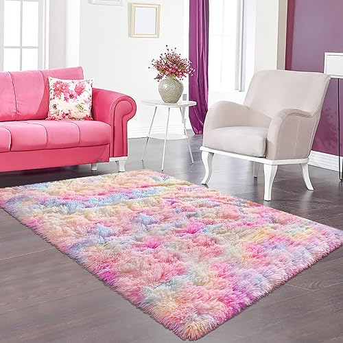 TENNOLA 3x5 Ft Rainbow Area Rugs for Girls Room, Fluffy Colorful Rugs Cute Floor Carpets Shaggy Playing Mat for Kids Baby Girls Bedroom Nursery Home Decor Tie-Dyed Rainbow Rugs - Rainbow - 5' x 3' (Rectangular)