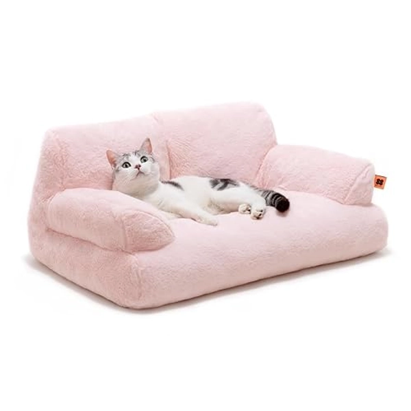 Pet Couch Bed, Washable Cat Beds for Medium Small Dogs & Cats up to 25 lbs, Dog Beds with Non-Slip Bottom, Fluffy Cat Couch, 26×19×13 Inch - Pink