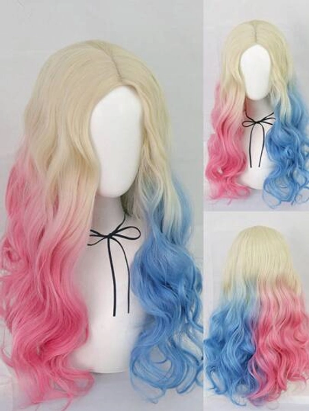 Medium Long Fluffy Wavy Colored Wig For Women Middle Part Style Anime Cosplay Wig For Halloween Party Costume Prop, Heat Resistant Natural Wavy Synthetic Blonde Roots With Pink And Blue Tips Multi-Color Ombre Wig For Holiday Birthday Gifts For Christmas Decorations