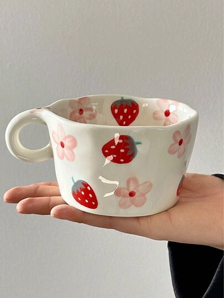 Hand-Painted Strawberry Porcelain Coffee Cup