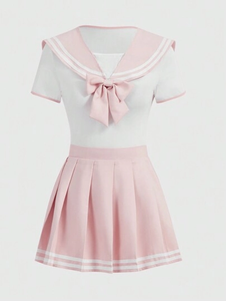 J-Fashion Sailor Collar Bow Decor School Girl Costume Set