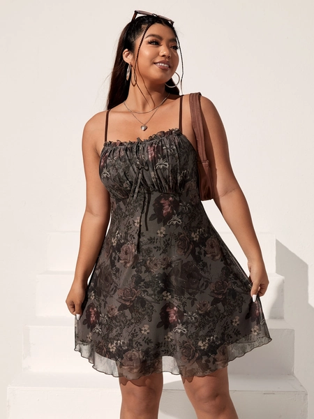 EZwear Floral Print Ruched Bust Frill Trim Mesh Cami Dress