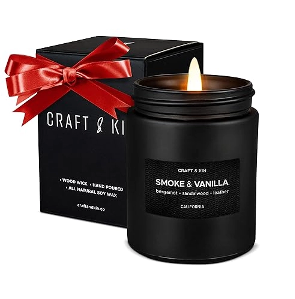 Premium Smoke & Vanilla Candle | Christmas Scented Candles for Men | Holiday Candles | Soy Candle | Fall Candles for Home Scented | Black Candles, Long Lasting Candles with 45 Hour Burn Time 7.6oz