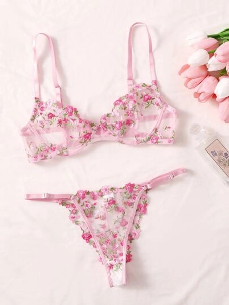 Embroidery Sheer Mesh Underwire Bra & Panty Lingerie Set
