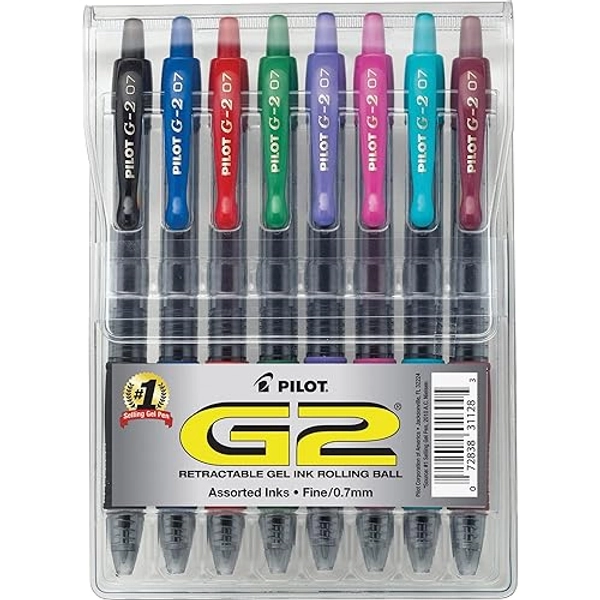 Pilot, G2 Premium Gel Roller Pens, Fine Point 0.7 mm, Assorted Colors, Pack of 8