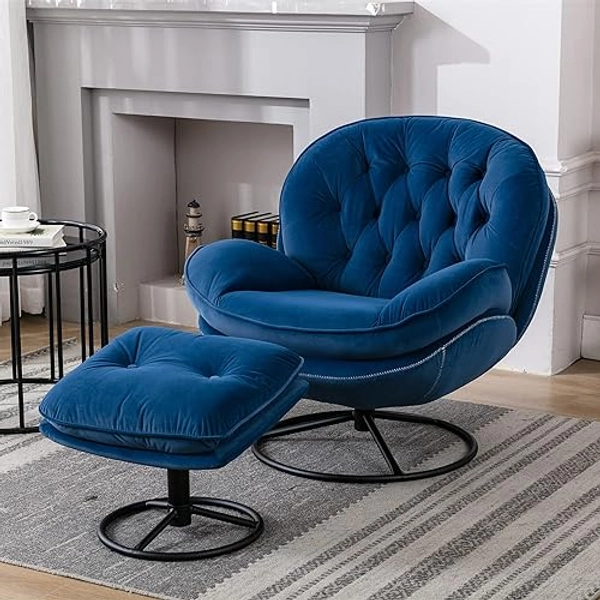 Baysitone Velvet Swivel Accent Chair with Ottoman Set, Modern Lounge Chair with Footrest, Comfy Armchair with 360 Degree Swiveling for Living Room, Bedroom, Reading Room, Home Office (Blue)