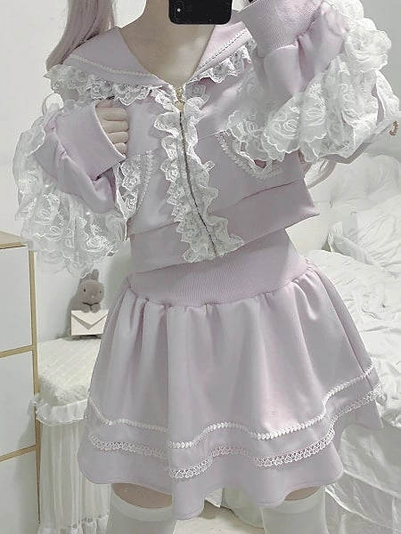 [$64.75]Jirai Kei Light Purple Sports Set- Sailor Collar Ruffled Lace Trim Zip Closure Hoodie+Lined Skirt