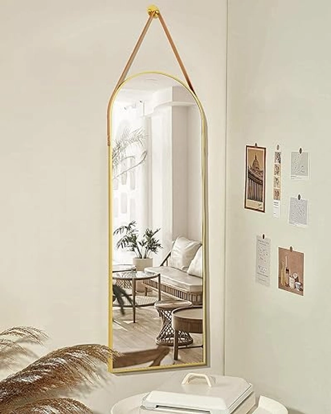 Otlsh 16"x48" Arched Mirror, Wall Mirror, Hanging Mirrors with Leather Strap, Full Length Mirror, Wall Mounted Arch Mirror, for Living Room, Bathroom, Bedroom, Entryway -Gold