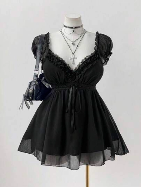 Sunspun Plus Size Women Elegant Solid Color Lace Trim Blouse, Summer