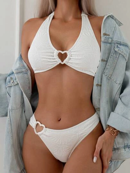SHEIN Swim Summer Beach Heart-Shaped Ring Decorated Halter Bikini Swimwear Set