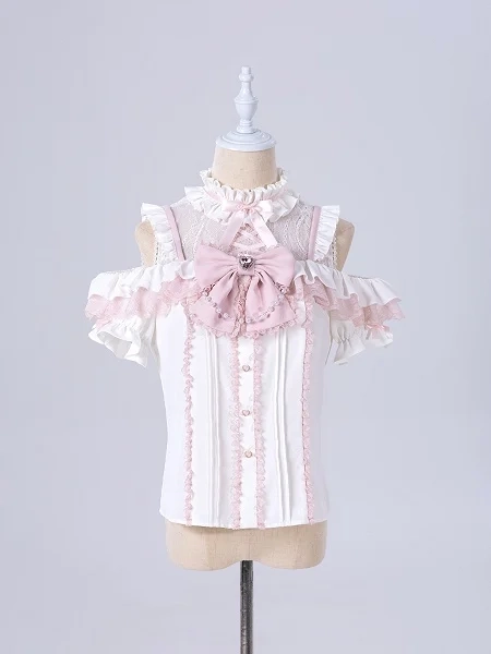 [$34.00]Jirai Kei Open Shoulders White and Pink Sweet Short Sleeves Blouse