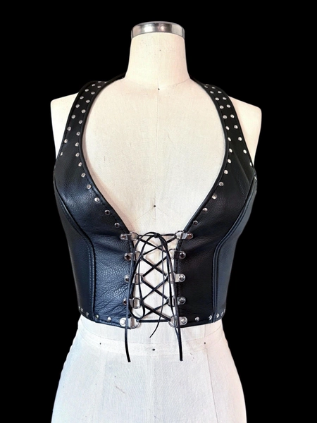 BARBY Studded Lace-Up Leather Halter Top