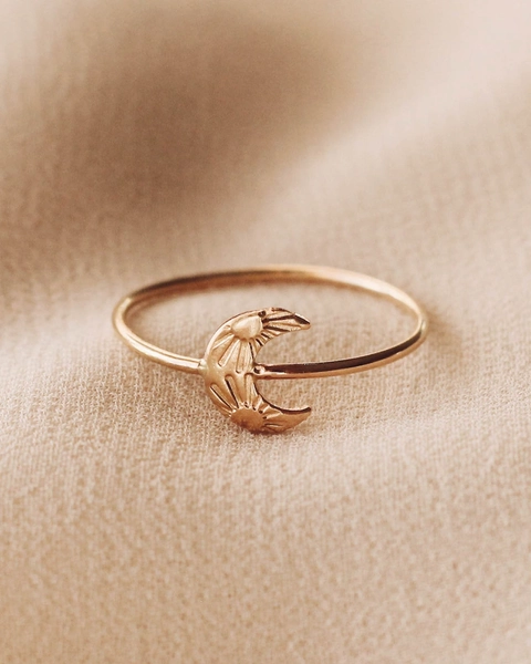 Sun Stamped Crescent Moon Ring, Celestial Sun Ring