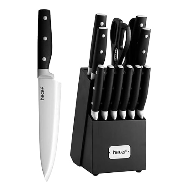 hecef Kitchen Knife Block Set, 14 Pieces Knife Set with Wooden Block & Sharpener Steel & All-purpose Scissors, High Carbon Stainless Steel Cutlery Set (Black) - Black