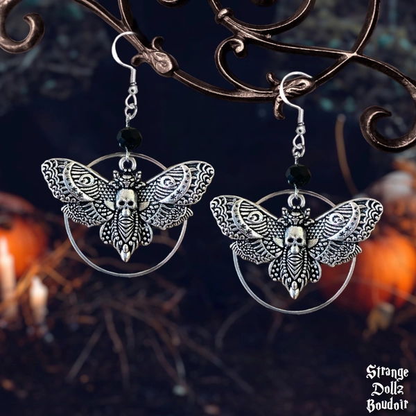 Death Moth hoop earrings, 925 Sterling Silver, Witchy Gothic, Strange Dollz Boudoir