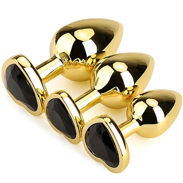 HISIONLEE Anal Plug 3PCS Sex Toys Anal Training Set Metal Butt Plug Adult Trainer Kit Toy with Crystal Diamond S&M Adult Gay Anal Plugs Toy for Beginners Couples Women Men Unisex(Gold-Black)