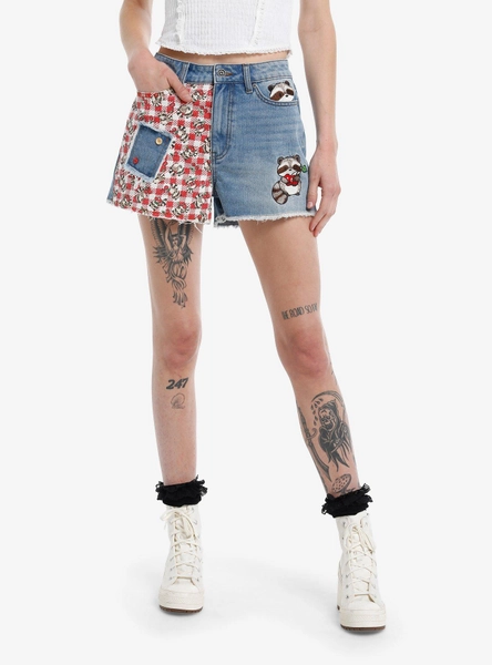 Thorn & Fable Raccoons & Cherries Gingham Patch Denim Shorts
