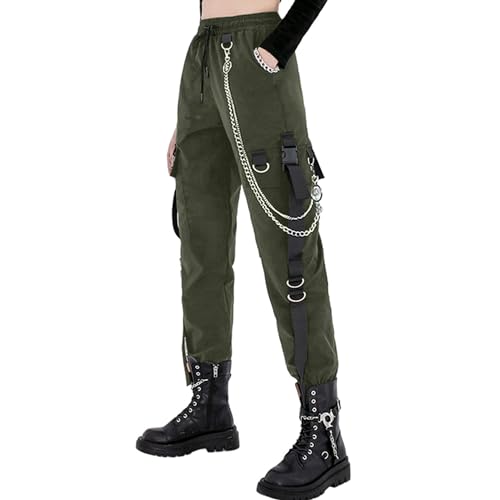 MEINVQIAOTI Black Cargo Pants for Women Techwear Women Loose Street Rock Style Casual Black Pants with Chain Goth Pants - Large - Green
