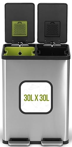 Simpli-Magic 60 Liter / 16 Gallon Rectangular Hands-Free Dual Compartment Recycling Kitchen Step Trash Can with Soft-Close Lid, Brushed Stainless Steel (30L x 30L Capacity) - Brushed Stainless Steel - 16 Gallon