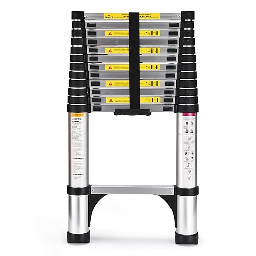 Telescoping Ladder, SocTone 12.5 FT Aluminum Lightweight Extension Ladder with 2 Triangle Stabilizers, Heavy Duty 330lbs Max Capacity, Multi-Purpose Collapsible Ladder for RV or Outdoor Work - 12.5FT