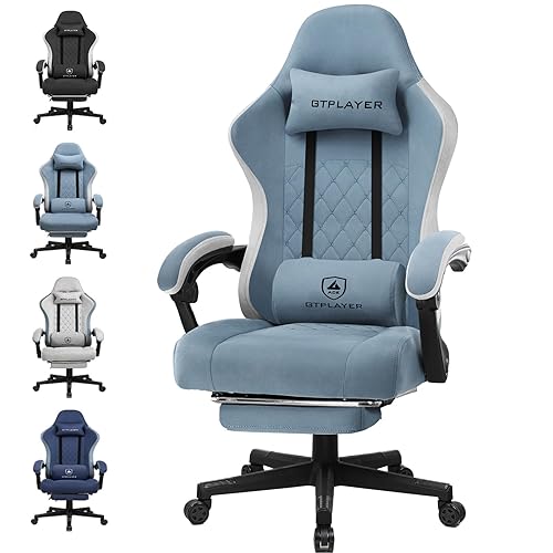 GTPLAYER Fabric Gaming Chair with Footrest, Computer Desk Chair with Pocket Spring Cushion, Home Office Chair Ergonomic High Back Support Lumbar Support Heavy Duty Wide, Sky Blue - Light Blue
