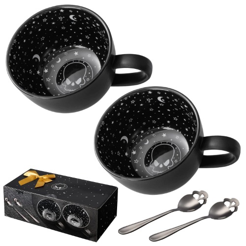 CALATOUR Set Of 2 Midnight Skull Coffee Large Mugs With Skull Spoons In Gift Box ,Cute Halloween Spooky Witch Gifts Goth Decor Cool Novelty Tea Cups ,21oz/620ml Porcelain(Midnight Black)