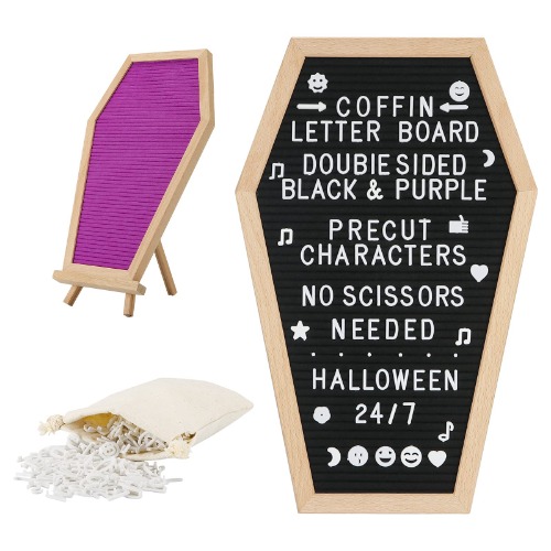 Ella & Emma Coffin-Shaped Felt Letter Board With Tripod - Purple & Black Letter Board W/ 500+ White Precut Letterboard Letters & Message Board Easel - Halloween Decor & Goth Home Decor - 17" x 10.5"