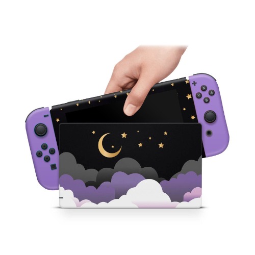 ZOOMHITSKINS Compatible with Nintendo Switch Skin Cover Purple Cloud Moon Gold Sky Star Pastel Galaxy Lunar Moonlight Daydream 3M Vinyl Decal Sticker Wrap, Made in the USA - Switch Cloud Moon Gold Sky
