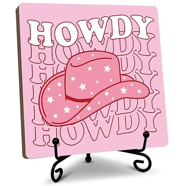 FUQWZ Cowgirl Howdy Desk Decor, Retro Western Pink Wooden Plaque with Iron Stand, Table Decor for Girl Room Bedroom College Dorm Bachelorette Party, Back to School Supplies, Gifts For Christmas.17