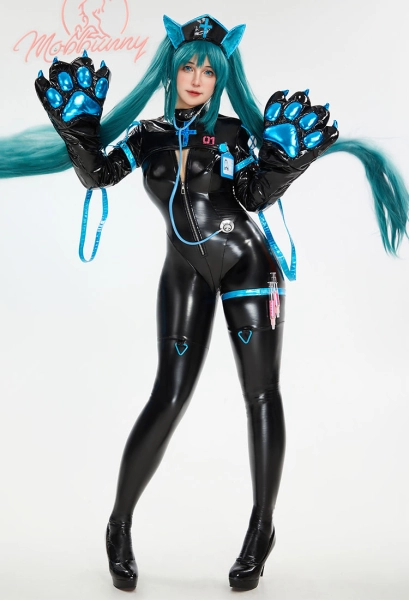 Vocal Nurse Outfit Leather Jumpsuit with Big Paw Gloves Coat with Headband Name Badge Cosplay Costume