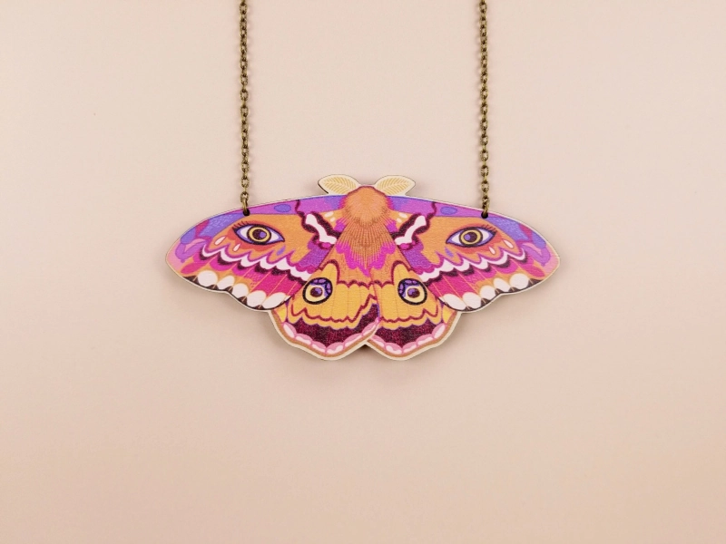 Emperor Moth Chunky Statement Necklace ~ maximalist cottagecore goblincore wooden natureinspired jewelry