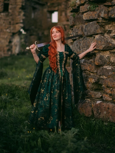 Dark Green Jacquard Corset Dress | Renaissance Bodice Stays with Skirt Costume CottageCore Princess Front Lacing Fairy Queen Gold Gown