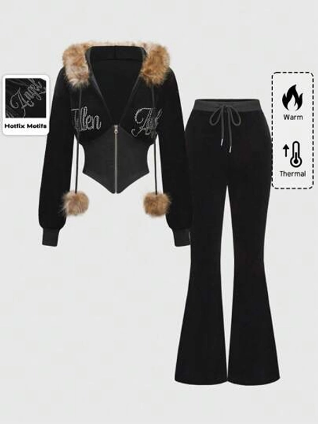 ROMWE J-Fashion 2pcs Women's Set: Velvet Y2K Rhinestone Patchwork Hooded Coat With Flared Pants