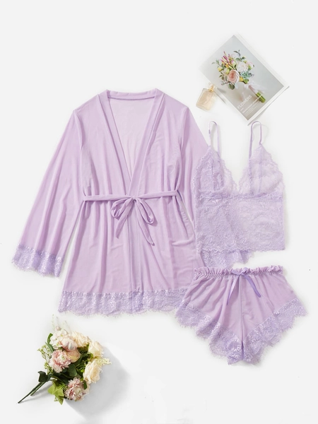 Classic Sexy Conjunto de roupa interior de 4 peças em renda e malha com robe e cinto