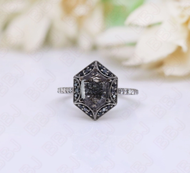 Hexagon Black Rutilated Quartz 925 Silver Black Rhodium Ready To Ship Halo Ring For Her Engagement Promise Statement Ring Birthday Gift
