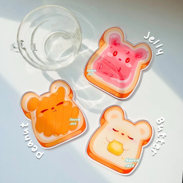Acrylic Coasters, beary toasties, toast, PB&J, breakfast coasters, drinkware, cute anime style, peanut butter and jelly, cute fun coaster