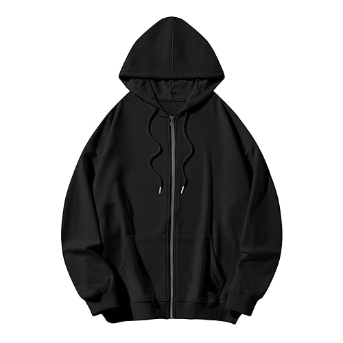 Bobeutou Womens Zip Up Y2K Hoodies Long Sleeve Fall Oversized Casual Drawstring Drop Shoulder Sweatshirts Jacket with Pocket - Medium - Black