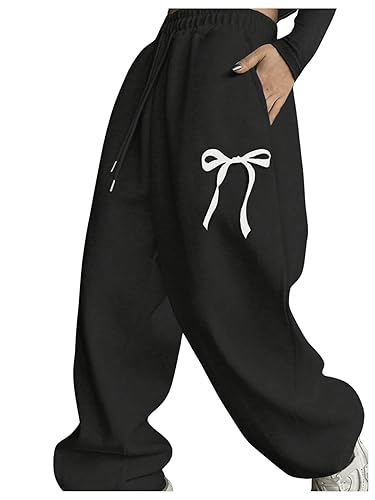 SweatyRocks Women's Drawstring Waist Wide Leg Sweatpants Baggy Jogger Pants with Pocket - Medium - Black
