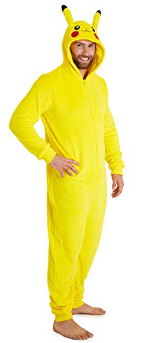Pokemon Jumpsuit Herren, Pikachu Onesie Herren Halloween Kostüm, Fleece Onesie Damen und Overall Herren S-XXL, Jumpsuit Kuschelanzug Damen - XXL - Gelb