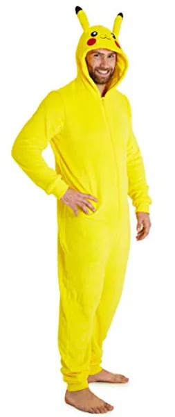Pokemon Jumpsuit Herren, Pikachu Onesie Herren Halloween Kostüm, Fleece Onesie Damen und Overall Herren S-XXL, Jumpsuit Kuschelanzug Damen