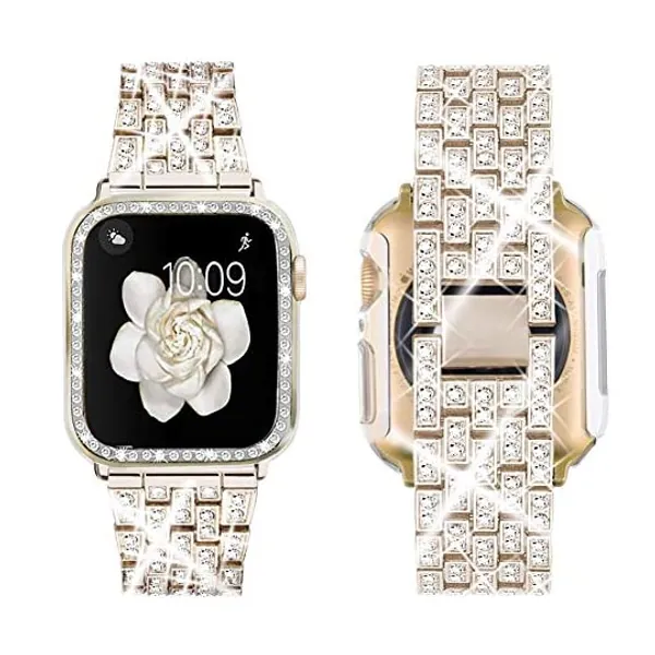 
                            Supoix Compatible with Apple Watch Band 38mm 40mm 41mm 42mm 44mm 45mm+ Case, Women Jewelry Bling Diamond Rhinestone Replacement Metal Strap& 2 Pack PC Protector Case for iWatch Series 7/6/5/4/3/2/1/SE
                        