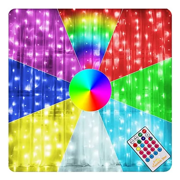 
                            Twinkle Star 300 LED Window Curtain Lights, Christmas Rainbow RGB Color Changing 64 Functional Backdrop Light with Remote, Colorful Icicle String Light for Wedding, Party, Outdoor Indoor Decor
                        
