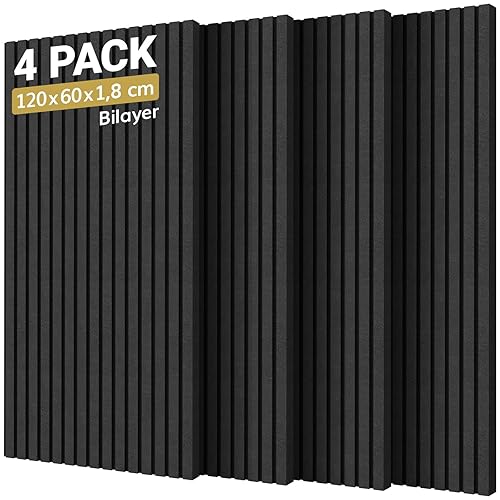 TONOR Lot de 4 Panneaux de Mousse Acoustique, Panneaux Acoustiques, Isolation Phonique, pour les Studios d'enregistrement, les Bureaux, les Studios de Danse, les Podcasts, 120x60x1.8cm, Noir - 4-pack - Noir
