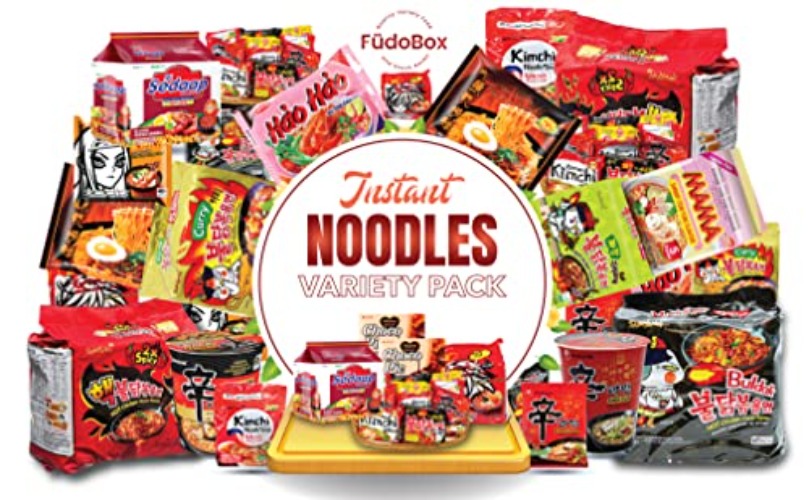 FUDOBOX Asian Instant Ramen Noodles Variety Pack with Cookies & Chopsticks | Nongshim, Nissin, Samyang, Wai Wai, Mama, Hao, Acecook | Student Care Package | Spicy Noodles Challenge | 15 Pack Assorted